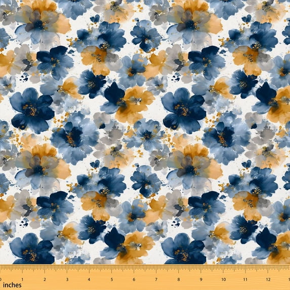 Manfei Chic Flower Fabric by the Yard 10 Yards, Vintage Floral Home Decor Fabric by the Yard, Navy Mustard White