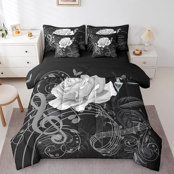 Manfei Chic Flower Rose Bedding Comforter Set 7 Pieces,Musical Melody Full Bedding Set,Silver Black Fitted Sheet Flat Sheet,Ultra Soft Room Decor Reversible