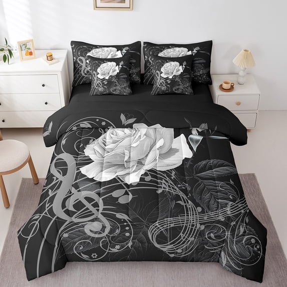 Manfei Chic Flower Rose Twin Bedding Sets 7-Piece,Musical Melody Bedding Comforter Set 7-Piece,Silver Black Sheet Sets,Ultra Soft Room Decor Reversible