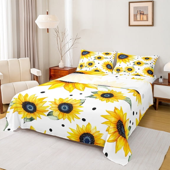Manfei Chic Flower Sunflower Boy Girl 4 Pieces Queen Sheet Sets,Black Polka Dots Ultra Soft Flat Sheet,Black Yellow Green Queen Fitted Sheet,Super Cozy Room Decor