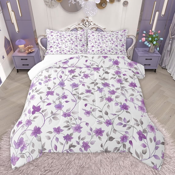 Manfei Chic Flowers 3 Pieces Queen Comforter Set for Teens Boys Girls,Grey Purple Ultra Soft Bedding Sets,Spring Graden Bedding Comforter Set,Luxury Bedroom Decor