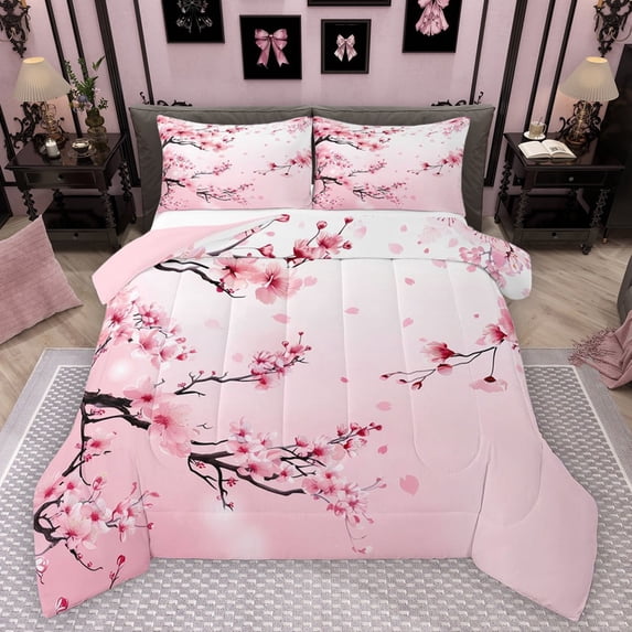 Manfei Chic Flowers Sakura Bedding Comforter Set 2pcs for Teens Adults,Cherry Blossoms Twin Comforter Sets Microfiber,Japanese Style Breathable Bedding Set,Super Cozy Room Decor,Reversible