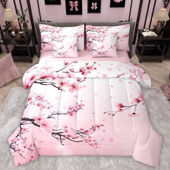 Manfei Chic Flowers Sakura Bedding Comforter Set 7-Piece for Teens Adults,Cherry Blossoms King Bedding Sets,Japanese Style Ultra Soft Bed Sheets,Super Cozy Room Decor,Reversible