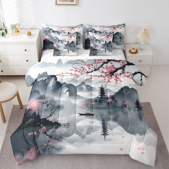 Manfei Chic Flowers Sakura Bedding Comforter Set 7pcs for Teens Adults,Cherry Blossoms Queen Bedding Sets Super Cozy,Japanese Style Queen Sheet Sets,Super Cozy Room Decor,Reversible