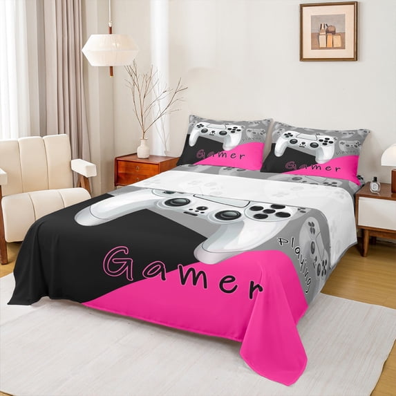 Manfei Chic Gamepad Teens Bed Sheets, Black Pink Cartoon King Sheets, Game Console Player Sheet Set, Breathable Home Decor, 4pcs