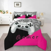 Manfei Chic Gamepad Teens Bedding Comforter Set, Black Pink Cartoon Twin Comforter Sets, Game Console Player Reversible Bedding Set, Breathable Home Decor, 2pcs