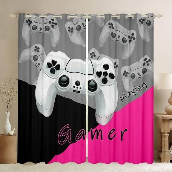 Manfei Chic Gamepad Teens Black Out Curtains, Black Pink Cartoon Curtains Pack of 2 (42x63 Each), Game Console Player Bedroom Curtains, Curtains Blackout Home Decor