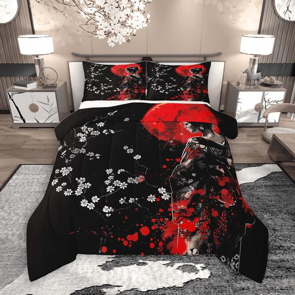 Manfei Chic Geisha Bedding Comforter Set 2pcs, Anime Girl Twin Comforter Sets, Japanese Cherry Blossoms Bedding Set, Black Red Lightweight Room Decor