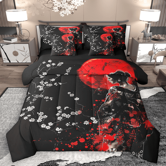 Manfei Chic Geisha Bedding Comforter Set 7 Pieces, Anime Girl Queen Bedding Sets, Japanese Cherry Blossoms Queen Sheet Sets, Black Red Lightweight Room Decor
