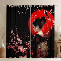 Manfei Chic Geisha Black Out Curtains, Anime Girl Curtains Pack of 2 (42x63 Each), Japanese Cherry Blossoms Bedroom Curtains, Black Red Luxury Home Decor