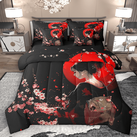 Manfei Chic Geisha Twin Bedding Sets 7pcs, Anime Girl Bedding Comforter Set, Japanese Cherry Blossoms Sheet Sets, Black Red Breathable Home Decor