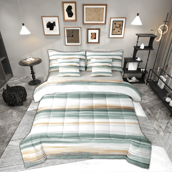 Manfei Chic Geometric Adult Twin Bedding Sets 7-Piece, Green Striped Abstract Bedding Comforter Set, Modern Chic Artwork Reversible Sheet Sets, Super Cozy Room Decor