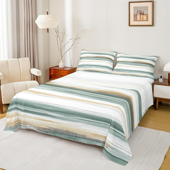 Manfei Chic Geometric Adult Twin Sheet Sets, Green Striped Abstract Twin Fitted Sheet, Modern Chic Artwork Flat Sheet, Super Cozy Room Decor, 3-Piece
