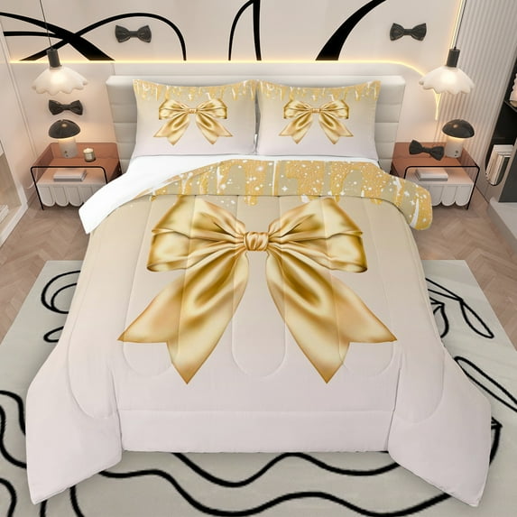 Manfei Chic Gold Bowknot Queen Comforter Set,Cartoon Bow Tie Bedding Sets,Bling Print Bedding Comforter Set For Girl,Ultra Soft Home Decor,3 Pieces
