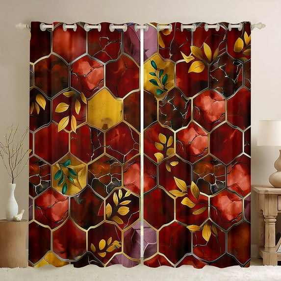 Manfei Chic Gold Leaf Blackout Curtains Set of 2 (52x84 Each),Modern Marble Aesthetic Window Curtains,Honeycomb Hexagon Print Curtains and Drapes For Adults,Luxury Bedroom Decor