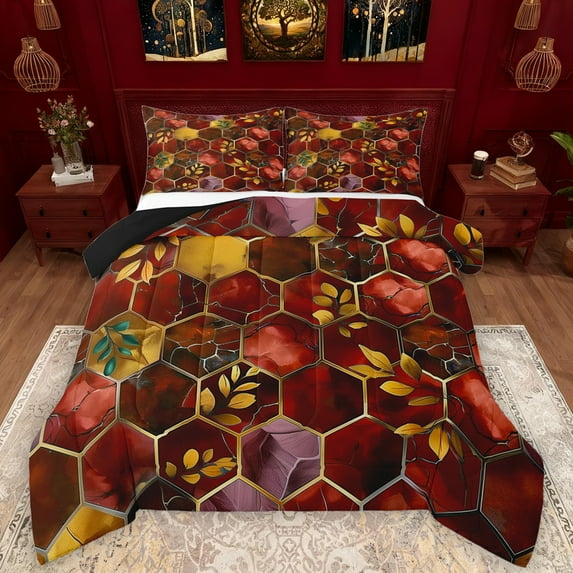 Manfei Chic Gold Leaf Full Size Comforter Sets,Modern Marble Aesthetic Bedding Comforter Set,Honeycomb Hexagon Print Bedding Sets For Adults,Luxury Bedroom Decor Reversible,3-Piece