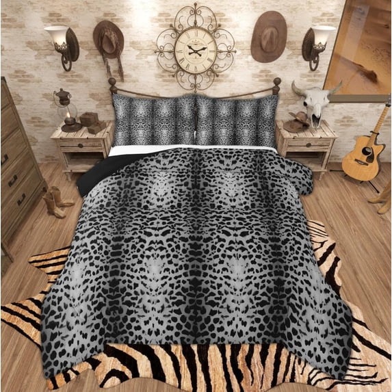 Manfei Chic Gray Cheetah Print Full Size Comforter Sets, Ombre Leopard Bedding Comforter Set, Wildlife Theme Bedding Sets Reversible 3-Piece