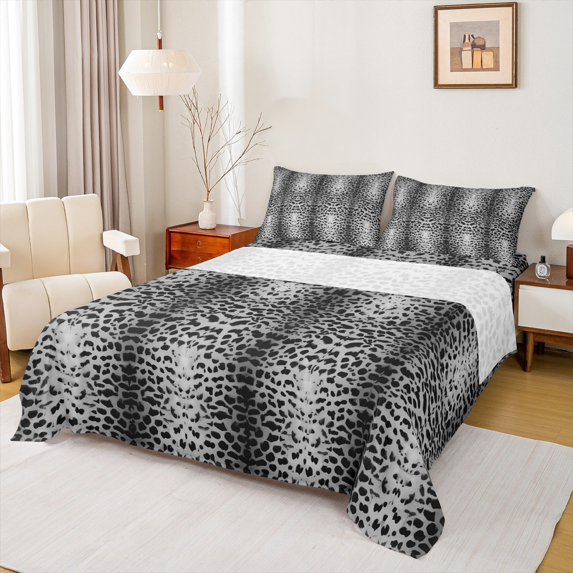 Manfei Chic Gray Cheetah Print Full Size Sheets 4-Piece, Ombre Leopard Bed Sheets, Wildlife Theme Sheet Sets
