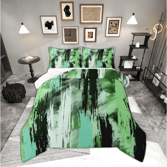 Manfei Chic Green Geometric Bedding Comforter Set, Modern Abstract Graffiti Twin Comforter Sets, Vintage Artwork Reversible Bedding Set, Microfiber Bedroom Decor, 2 Pieces