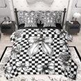 thumbnail image 1 of Manfei Chic Grey Bowknot Bedding Comforter Set 7 Pieces for Girl, Modern Fashion Bow-tie Full Bedding Set, Square Cheskered Plaid Reversible Fitted Sheet Flat Sheet, Super Cozy Room Decor, 1 of 7