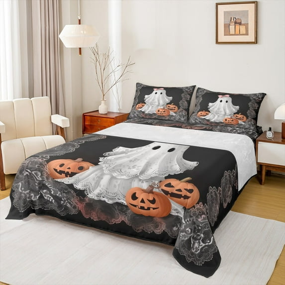 Manfei Chic Halloween Ghost Queen Sheet Sets,Horror Orange Pumpkin Flat Sheet,Trick Or Treat Queen Fitted Sheet For Boys,Ultra Soft Home Decor,4-Piece