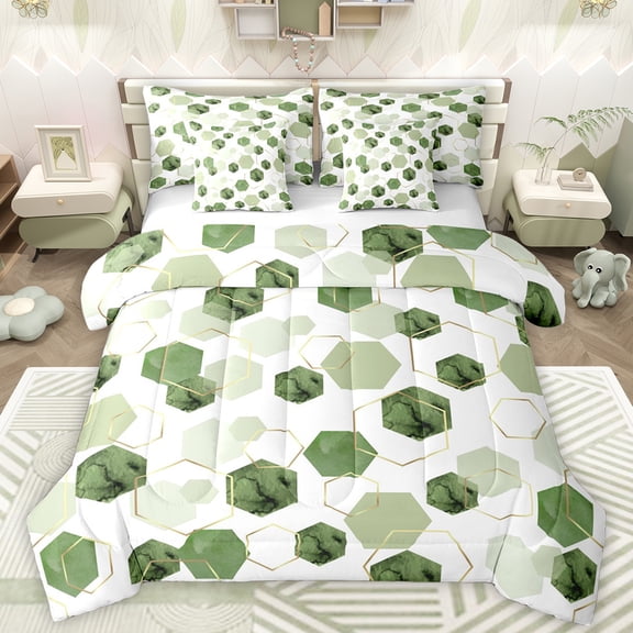 Manfei Chic Honeycomb Adult Bedding Comforter Set 7pcs, Green Art Watercolor Queen Bedding Sets, Fashion Abstract Ombre Queen Sheet Sets, Breathable Home Decor