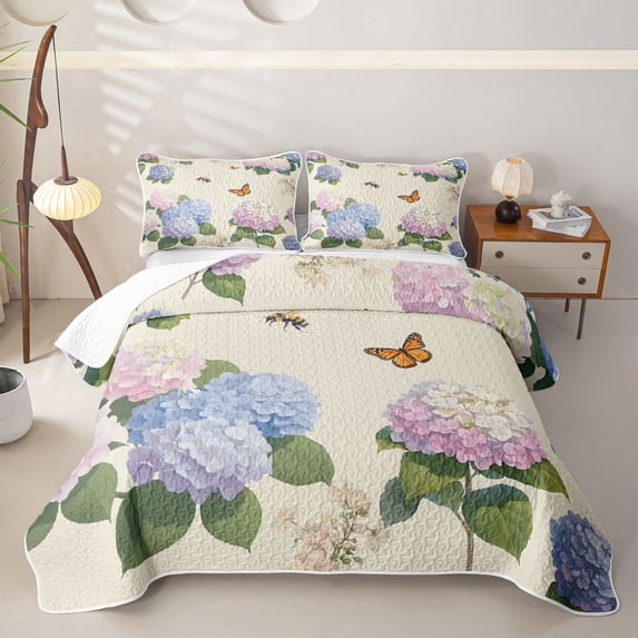Manfei Chic Hydrangea Floral Quilt Full, Garden Flower Butterfly Full Bedspread Sets, Blush Pink Blue 3 Pieces, 1 Coverlet and 2 Pillowcases