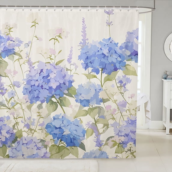Manfei Chic Hydrangea Flower Shower Curtain 72Wx72L, Garden Floral Bathroom Curtain, Baby Blue Cream Green
