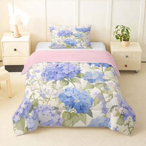 Manfei Chic Hydrangea Flower Twin Comforter Sets, Garden Floral Bedding Set, Baby Blue Cream Green 2 Pieces 1 Comforter and 1 Pillowcase