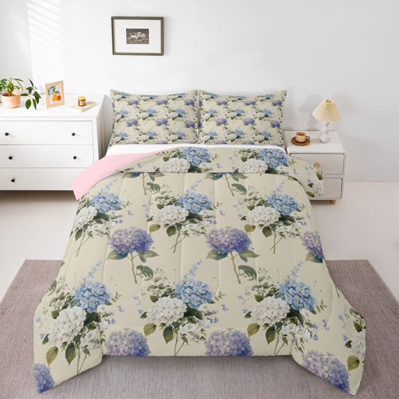 Manfei Chic Hydrangea Queen Comforter Set, Garden Floral Comforter Sets Queen, Lavender Sky Blue Cream 3 Pieces 1 Comforter and 2 Pillowcases