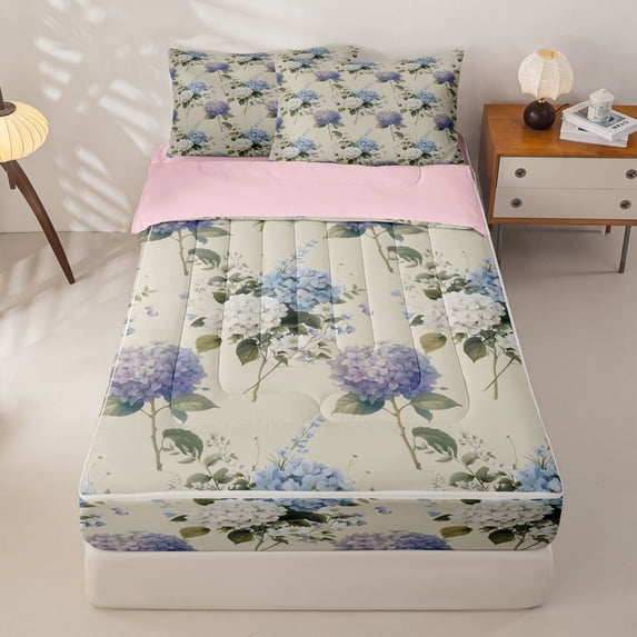 Manfei Chic Hydrangea Zipper Full Size Comforter Sets with Fitted Sheet and 2 Pillowcases, Garden Floral Zipper Bedding Set, Lavender Sky Blue Cream