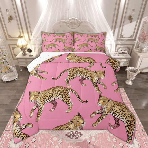 Manfei Chic Leopard Cheetah Bedding Comforter Set, Girls Pink Twin Comforter Sets, Safari Wildlife Bedding Set, Super Cozy Room Decor, Reversible 2 Pieces