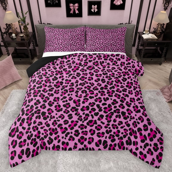 Manfei Chic Leopard Pattern Bedding Comforter Set,Wild Animal Cheetah Twin Comforter Sets,Pink Black Bedding Set For Girls Teens,Ultra Soft Home Decor Reversible,2-Piece