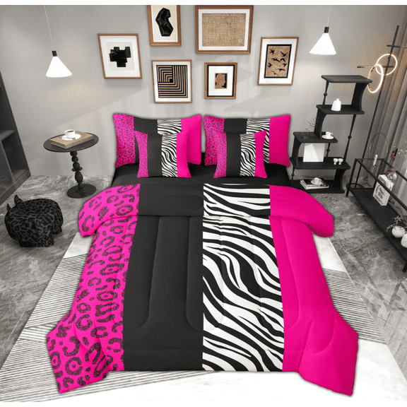 Manfei Chic Leopard Print Bedding Comforter Set 7-Piece for Female, Cheetah Zebra Animal King Bedding Sets, Black Pink Geometric Reversible Bed Sheets, Ultra Soft Home Decor