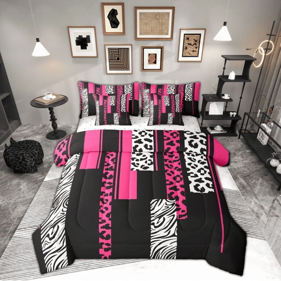 Manfei Chic Leopard Print Bedding Comforter Set 7pcs for Female, Cheetah Zebra Animal Queen Bedding Sets, Black Pink Geometric Reversible Queen Sheet Sets, Super Cozy Room Decor