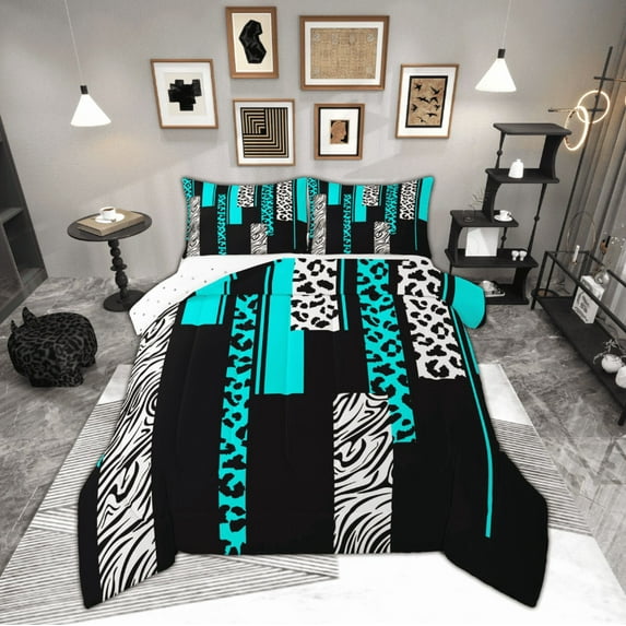 Manfei Chic Leopard Print Bedding Comforter Set for Female, Cheetah Zebra Animal Twin Comforter Sets, Black Cyan Geometric Reversible Bedding Set, Lightweight Room Decor, 2-Piece
