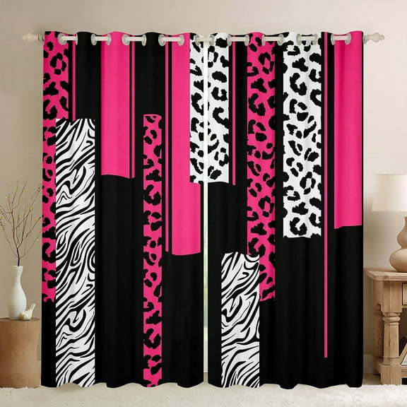 Manfei Chic Leopard Print Black Out Curtains for Female, Cheetah Zebra Animal Curtains Pack of 2 (42x63 Each), Black Pink Geometric Bedroom Curtains, Window Curtains Room Decor