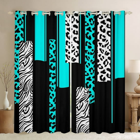 Manfei Chic Leopard Print Curtains Pack of 2 (42x84 Each) for Female, Cheetah Zebra Animal Curtains Blackout, Black Cyan Geometric Bedroom Curtains, Curtains and Drapes Room Decor
