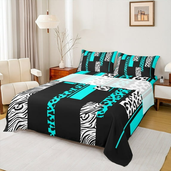 Manfei Chic Leopard Print Full Size Sheets for Female, Cheetah Zebra Animal Bed Sheets, Black Cyan Geometric Sheet Sets, Lightweight Room Decor, 4-Piece