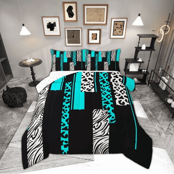 Manfei Chic Leopard Print Queen Comforter Set for Female, Cheetah Zebra Animal Bedding Sets, Black Cyan Geometric Reversible Bedding Comforter Set, Lightweight Room Decor, 3-Piece