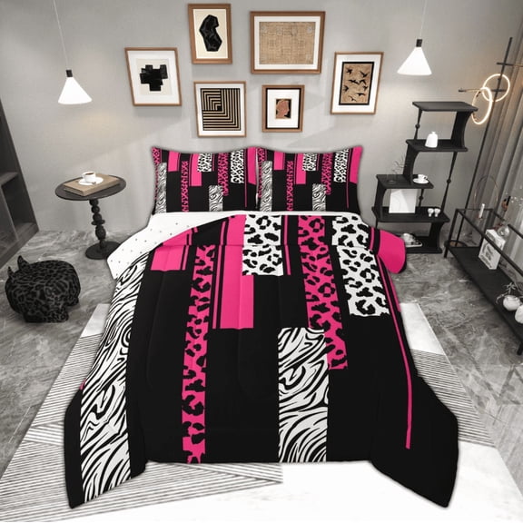 Manfei Chic Leopard Print Queen Comforter Set for Female, Cheetah Zebra Animal Bedding Sets, Black Pink Geometric Reversible Bedding Comforter Set, Super Cozy Room Decor, 3-Piece