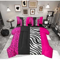 Manfei Chic Leopard Print Twin Bedding Sets 7-Piece for Female, Cheetah Zebra Animal Bedding Comforter Set, Black Pink Geometric Reversible Sheet Sets, Ultra Soft Home Decor