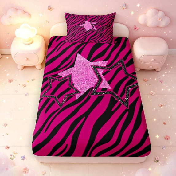 Manfei Chic Leopard Stars Print Twin Fitted Sheet,Girls Friendly Style Bedding,Pink,2 Pieces
