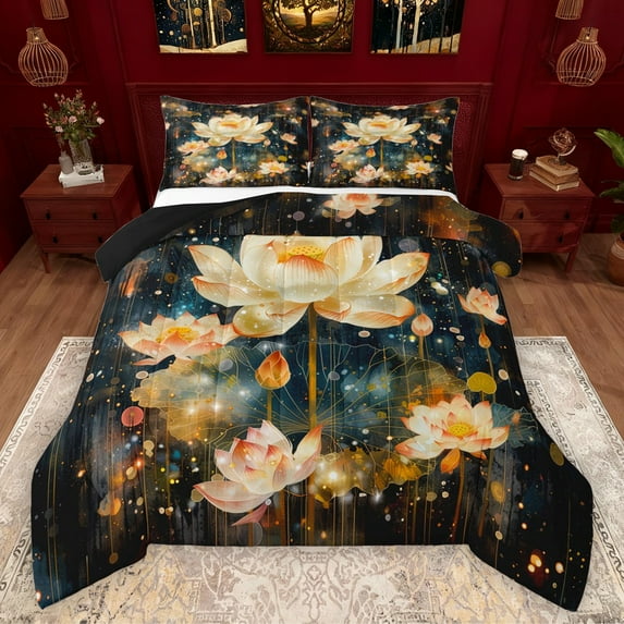 Manfei Chic Lotus Flower Queen Comforter Set,Country Plant Floral Bedding Sets,Staryy Night Bedding Comforter Set For Kids,Microfiber Bedroom Decor Reversible,3-Piece