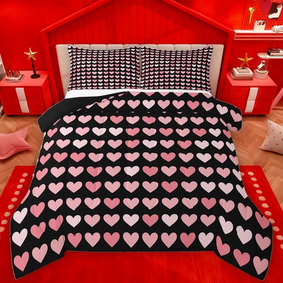 Manfei Chic Love Heart Queen Comforter Set for Kids, Black Pink Bedding Sets, Fashion Cartoon Style Reversible Bedding Comforter Set, Lightweight Room Decor, 3pcs