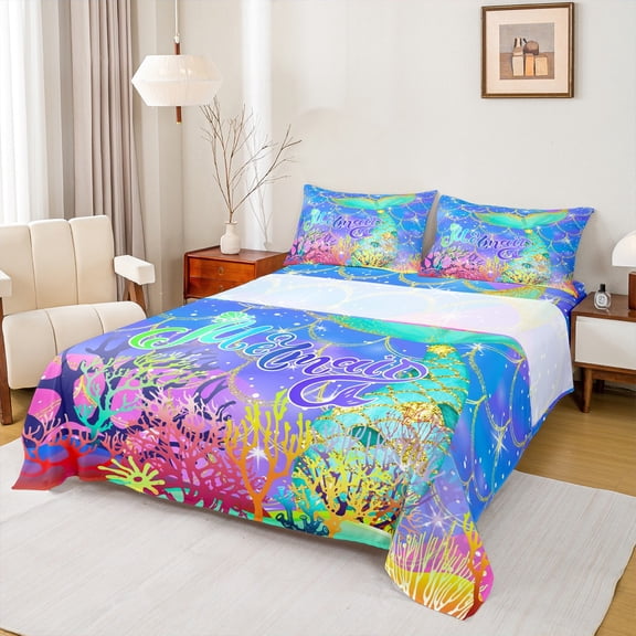 Manfei Chic Mermaid Full Size Sheets,Watercolor Ocean Coral Bed Sheets,Fairy Tale Theme Sheet Sets For Girls,Ultra Soft Home Decor,4-Piece