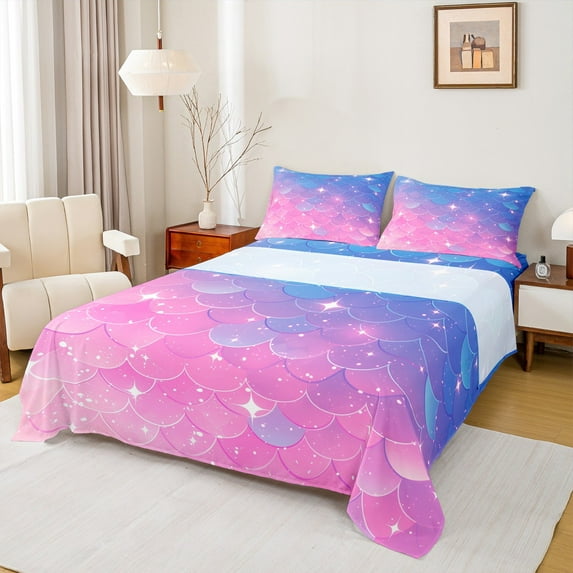 Manfei Chic Mermaid Print Full Size Sheets,Sea Ocean Animal Bed Sheets,Gradient Pink Blue Sheet Sets For Girls,Ultra Soft Home Decor,4-Piece