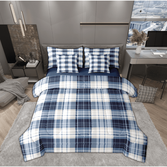 Manfei Chic Modern Plaid Twin Bedding Sets 7-Piece, Retro Buffalo Checkered Bedding Comforter Set, Teens Kid Adult Female Man Reversible Sheet Sets, Lightweight Room Decor