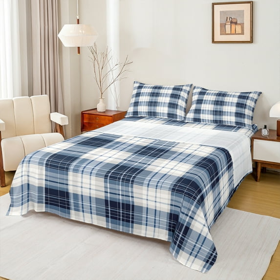 Manfei Chic Modern Plaid Twin Sheet Sets, Retro Buffalo Checkered Twin Fitted Sheet, Teens Kid Adult Female Man Flat Sheet, Lightweight Room Decor, 3-Piece