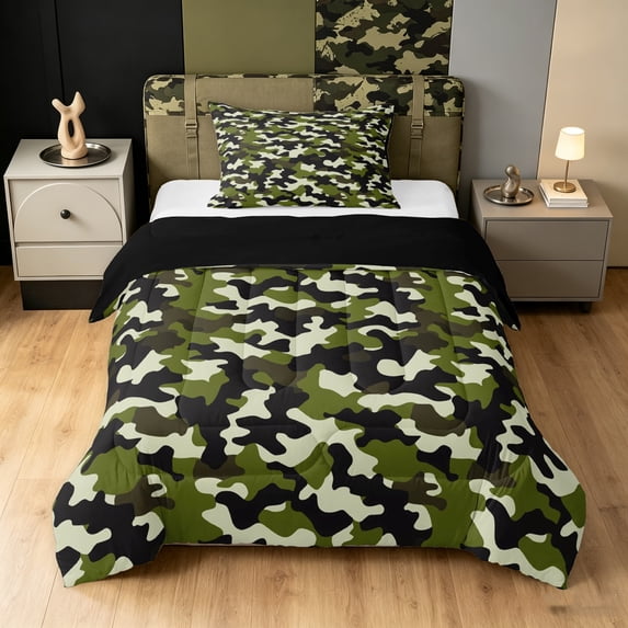 Manfei Chic Mosaic Camo Twin Comforter Sets, Contemporary Art Camo Bedding Set, Forest Green, Black Reversible, 2-Piece, 1 Comforter and 1 Pillowcase
